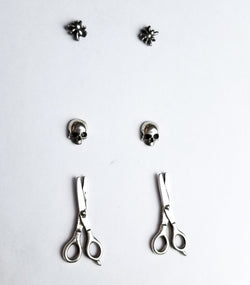 Collection of Set of 3 Pairs of Earrings #2 - Spider, Scissors & Skull Studs - Inchoo Bijoux in a gallery layout