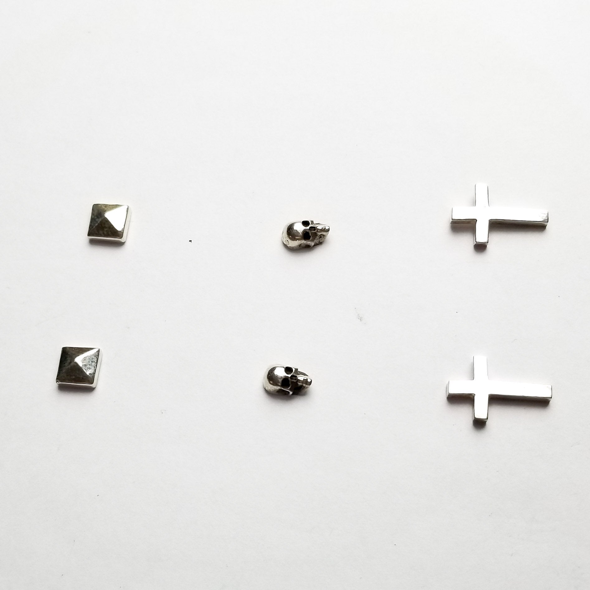 Set of 3 Pairs of Earrings #4 - Skull, Cross & Pyramid Studs - Inchoo Bijoux