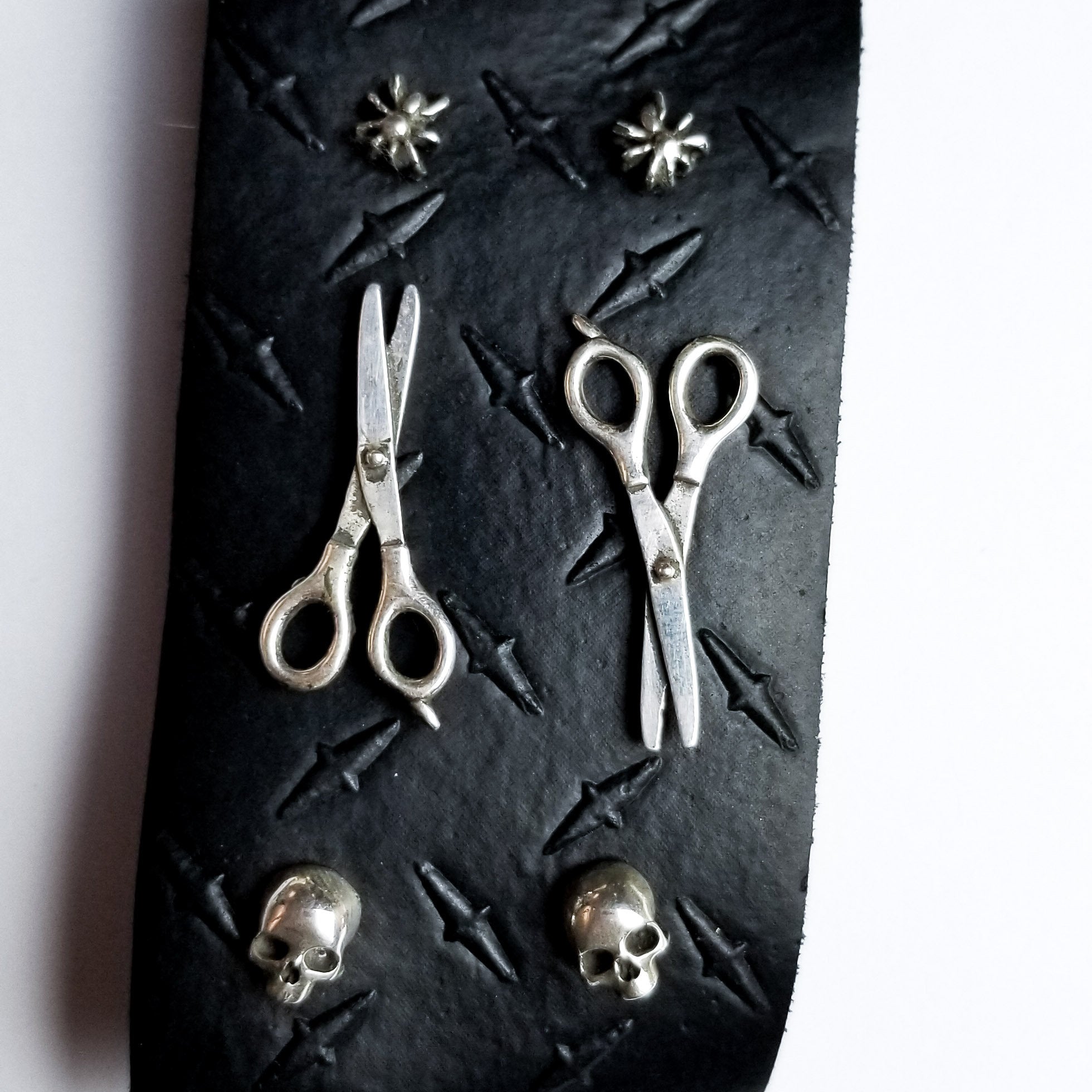 Collection of Set of 3 Pairs of Earrings #2 - Spider, Scissors & Skull Studs - Inchoo Bijoux in a gallery layout