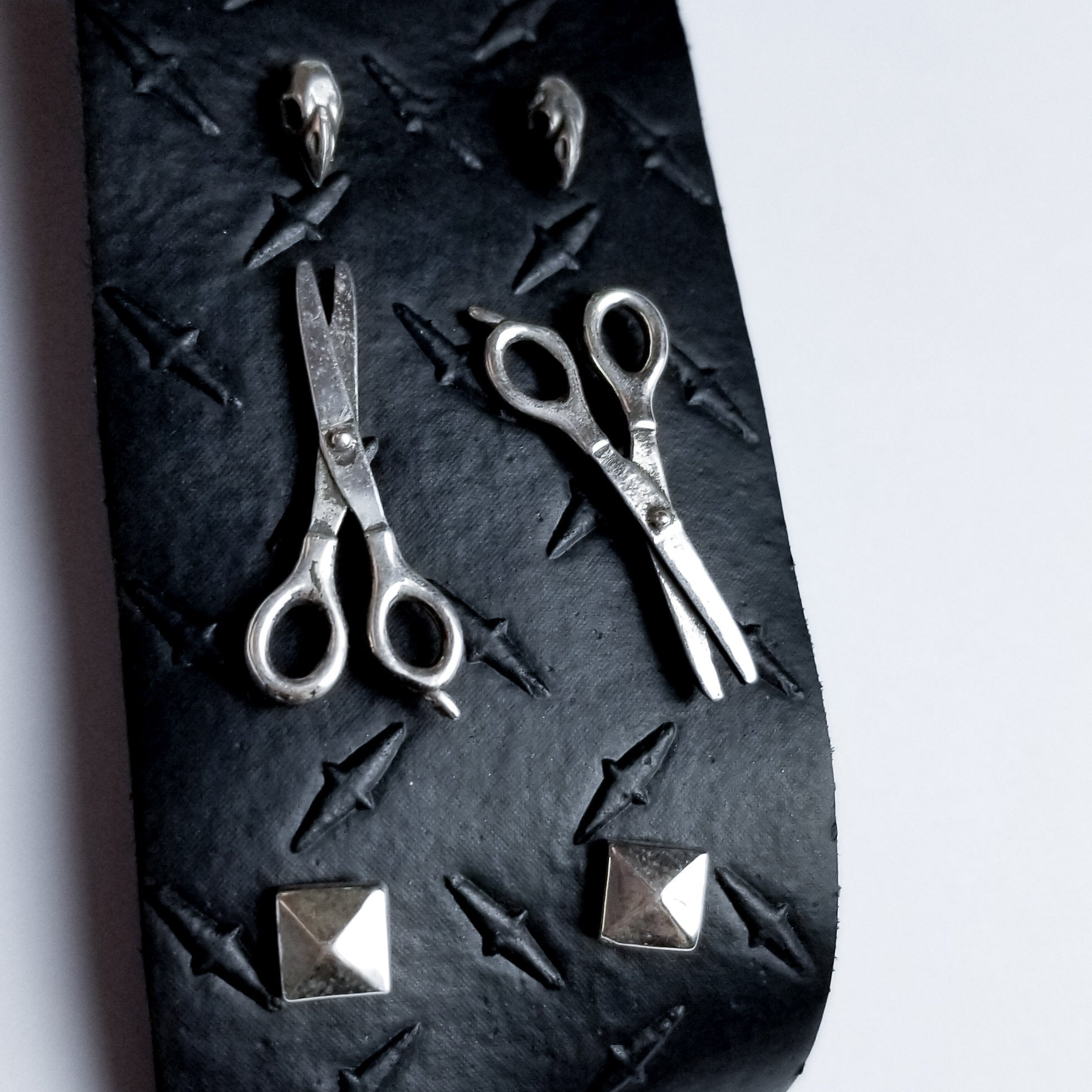 Collection of Set of 3 Pairs of Earrings #3 - Bird Skull, Scissors & Pyramid Studs - Inchoo Bijoux in a gallery layout