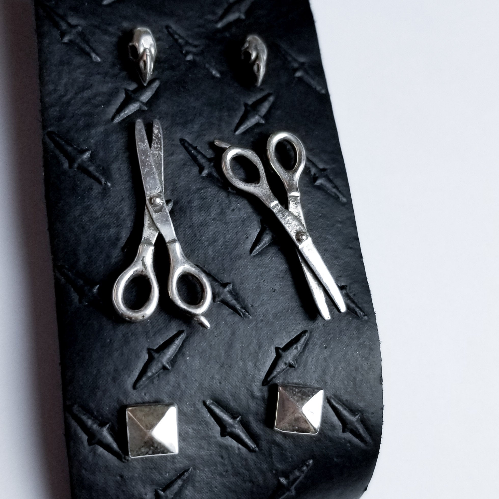 Set of 3 Pairs of Earrings #3 - Bird Skull, Scissors & Pyramid Studs - Inchoo Bijoux