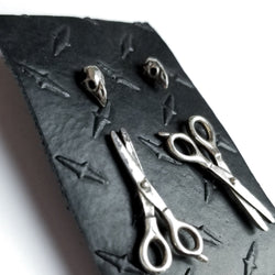 Collection of Set of 3 Pairs of Earrings #3 - Bird Skull, Scissors & Pyramid Studs - Inchoo Bijoux in a gallery layout