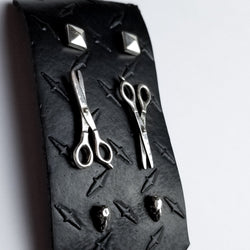 Collection of Set of 3 Pairs of Earrings #3 - Bird Skull, Scissors & Pyramid Studs - Inchoo Bijoux in a gallery layout