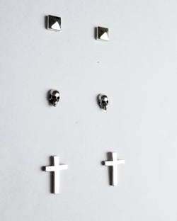 Collection of Set of 3 Pairs of Earrings #4 - Skull, Cross & Pyramid Studs - Inchoo Bijoux in a gallery layout