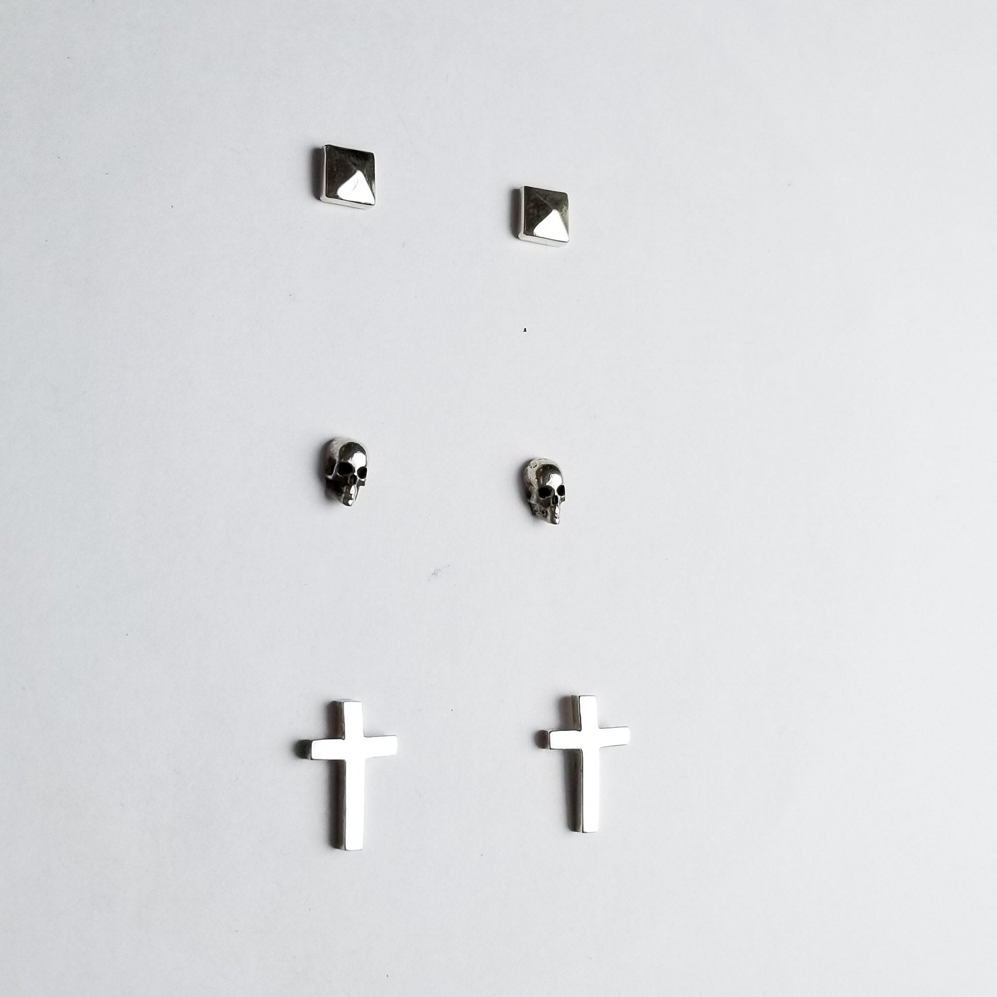 Set of 3 Pairs of Earrings #4 - Skull, Cross & Pyramid Studs - Inchoo Bijoux