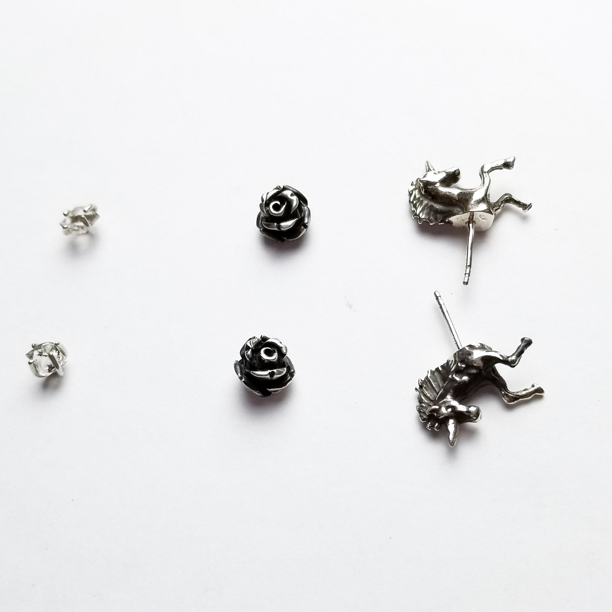 Set of 3 Pairs of Earrings #5 - Herkimer, Unicorn & Rose Studs - Inchoo Bijoux