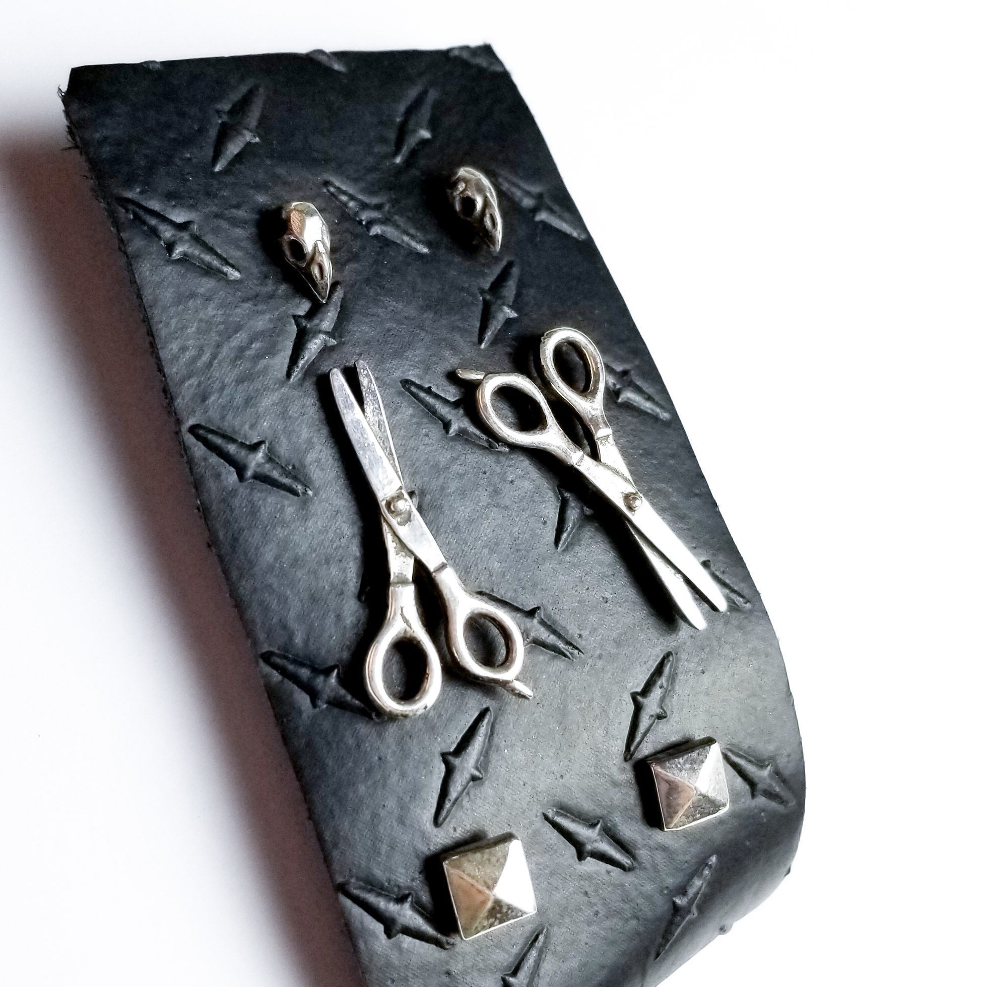 Set of 3 Pairs of Earrings #3 - Bird Skull, Scissors & Pyramid Studs —  Inchoo Bijoux